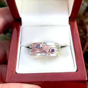 Always In My heart - Solid silver ring set with gold heart and birthstones