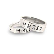 Load image into Gallery viewer, Personalised Roman numerals wedding rings. 9ct solid gold