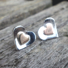 Load image into Gallery viewer, Silver and gold heart earrings.