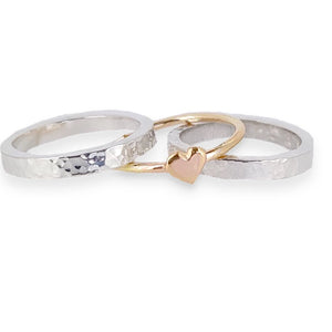 'One love' stacking set with silver rings and dainty solid gold heart