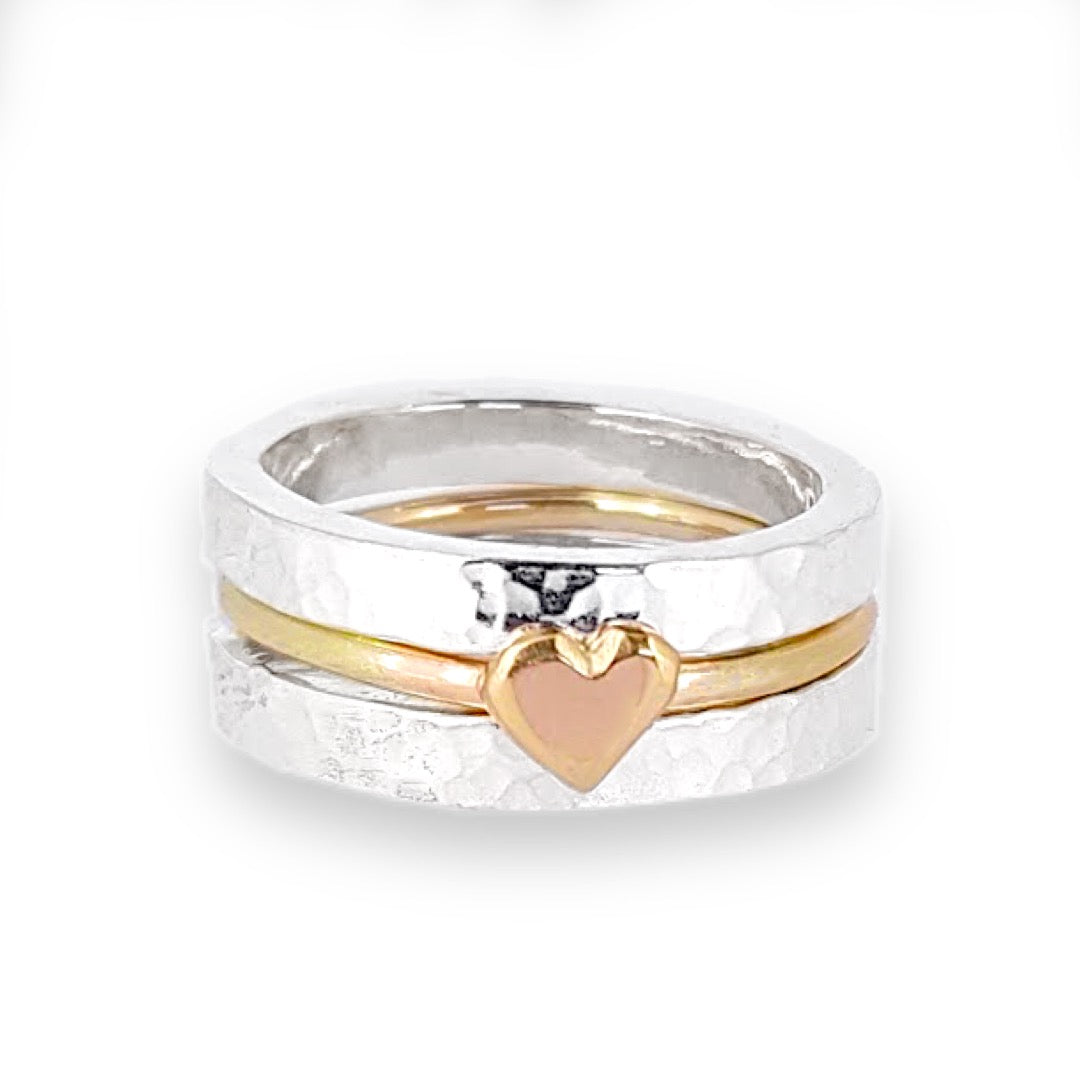 'One love' stacking set with silver rings and dainty solid gold heart