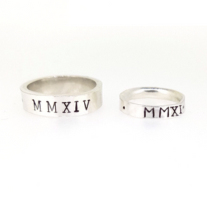 Personalised Roman numerals wedding rings. 9ct solid gold