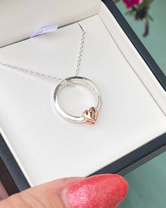 ‘One love’ double sided - necklace with solid gold or silver hearts on front and back
