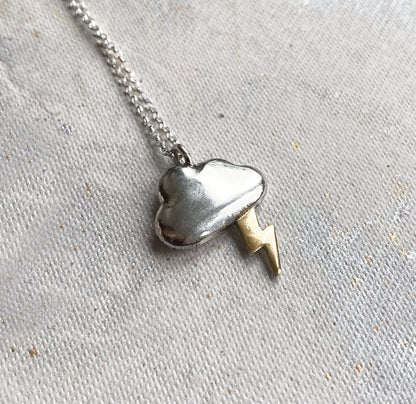 Silver Linings necklace - solid silver cloud with silver or gold lightning bolt