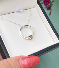 Load image into Gallery viewer, ‘One love’ double sided - necklace with solid gold or silver hearts on front and back